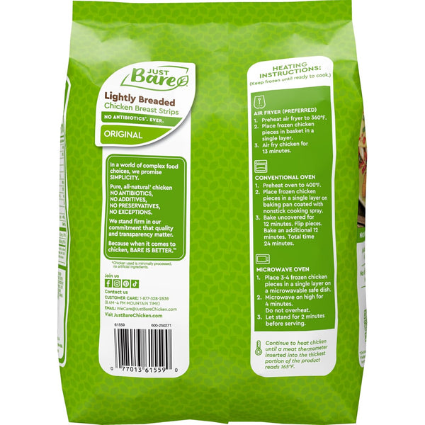 Just Bare Lightly Breaded Chicken Breast Strips | Fully Cooked | 16G Protein |Frozen | 1.50 LB