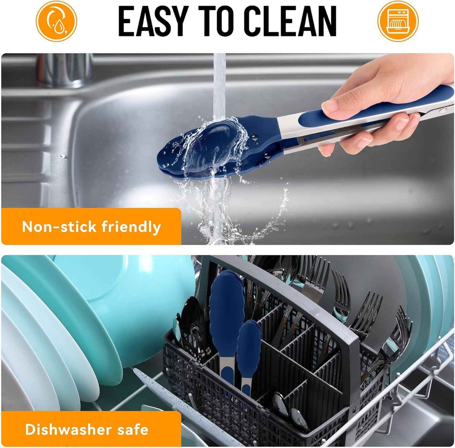 HOTEC Premium 7 & 9 Inch Kitchen Tongs, Stainless Steel Locking Cooking Tongs with Silicone Tips, Non-Scratch & Heat Resistant, Serving Tongs for Salad, BBQ, Classic Blue, Set of 2