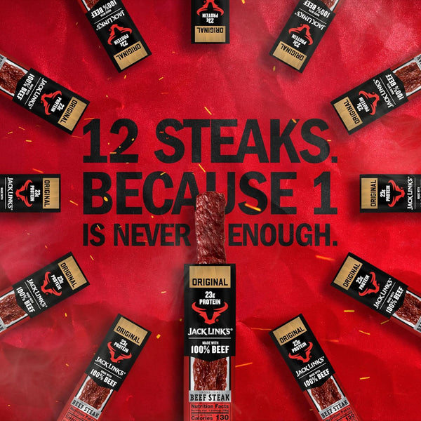 Jack Link's Original Beef Steak Protein Snacks, 12 Count, 2 Oz Each, Made with 100% Real Beef