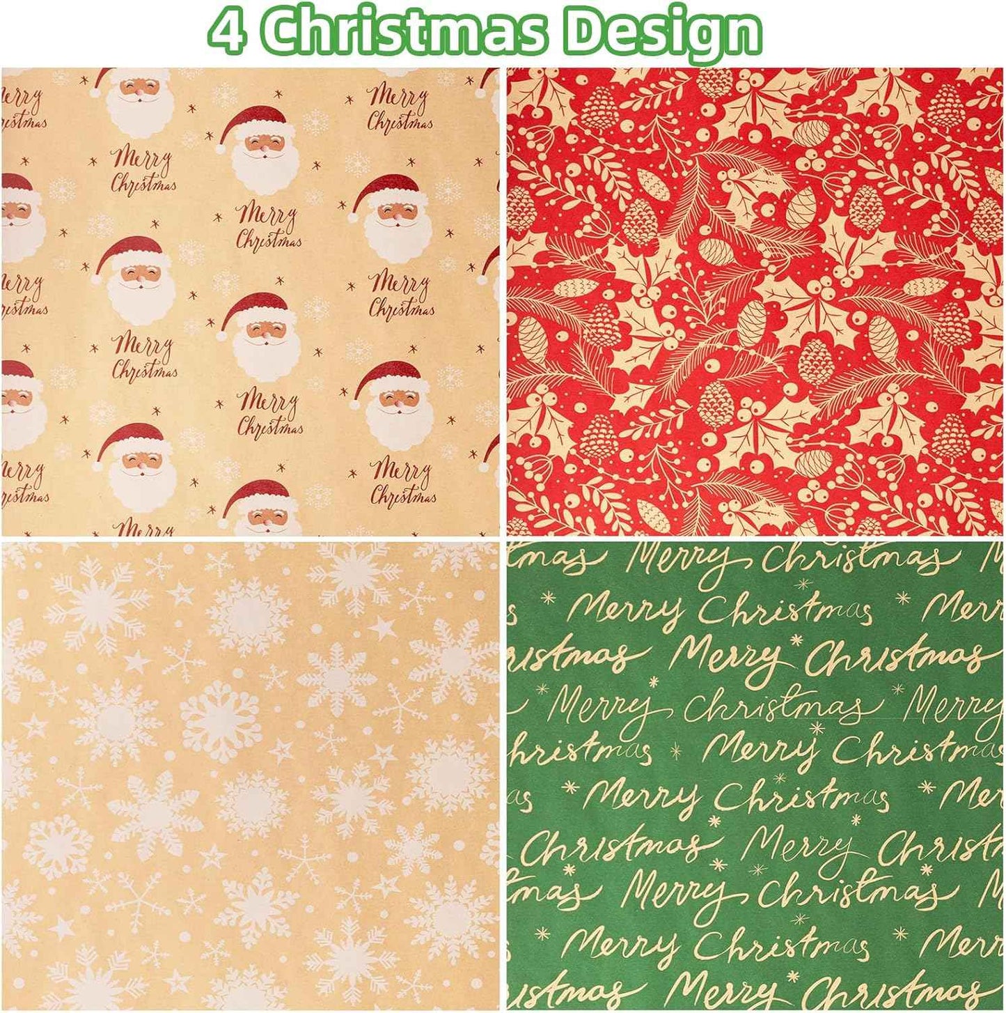 Christmas Kraft Wrapping Paper (4 Rolls, 93 sq. ft. ttl) Santa Claus, Snowflakes, Merry Christmas Script, Pinecones and Foliage Patterns for Holiday Gift Wrap - 17 Inches x 16.5 Feet Per Roll