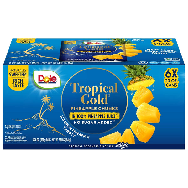 Dole Tropical Gold Pineapple Chunks in 100% Pineapple Juice, 15.25 Oz, 12 Count, Gluten Free, No Sugar Added