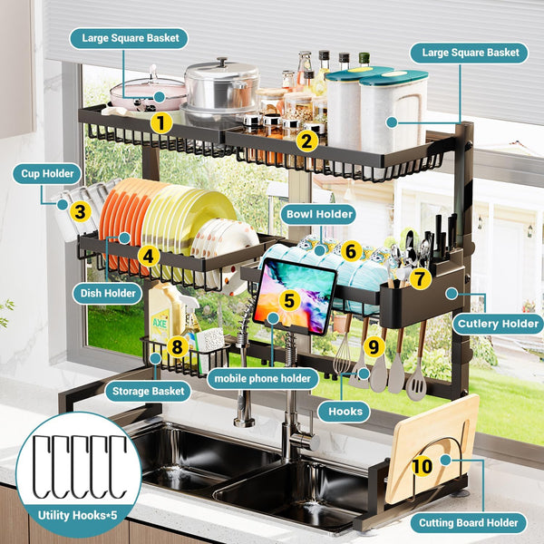 Over the sink dish drying rack with adjustable height and length