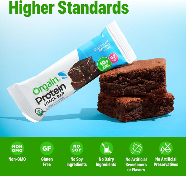 Orgain Organic Vegan Protein Bars, Chocolate Brownie, 10g Plant Based Protein, 12 Count