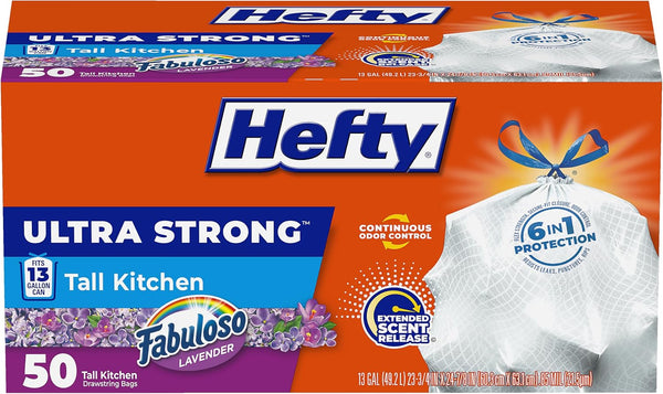 Hefty Ultra Strong 13 Gallon Trash Bags, Tall Kitchen, Drawstring Closure, Odor Control, White, Lavender, Sweet Vanilla, 80 Count