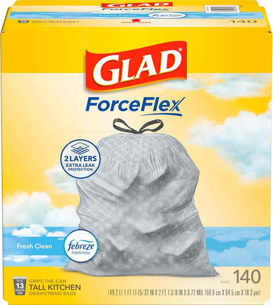 Glad ForceFlex Tall Kitchen Trash Bags, 13 Gallon, Fresh Clean, 140 Count (Package May Vary)