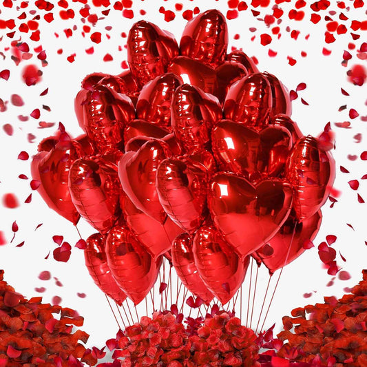 Fecedy Red Heart Shape Foil Mylar Balloons and Heart Shape roseleaf for Romantic Valentine's Day Wedding Bridal Shower Anniversary Engagement Party Decorations