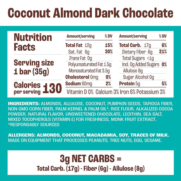 Munk Pack Coconut Almond Dark Chocolate Nut Bars, 12 Count, Gluten Free, Keto, Low Carb, 5g Fiber, Plant Protein