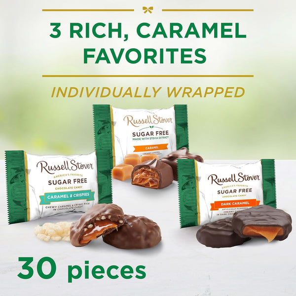 russell stover sugar free assorted caramels in chocolate, 15.3 oz. bag, made with stevia extract, no added sugar