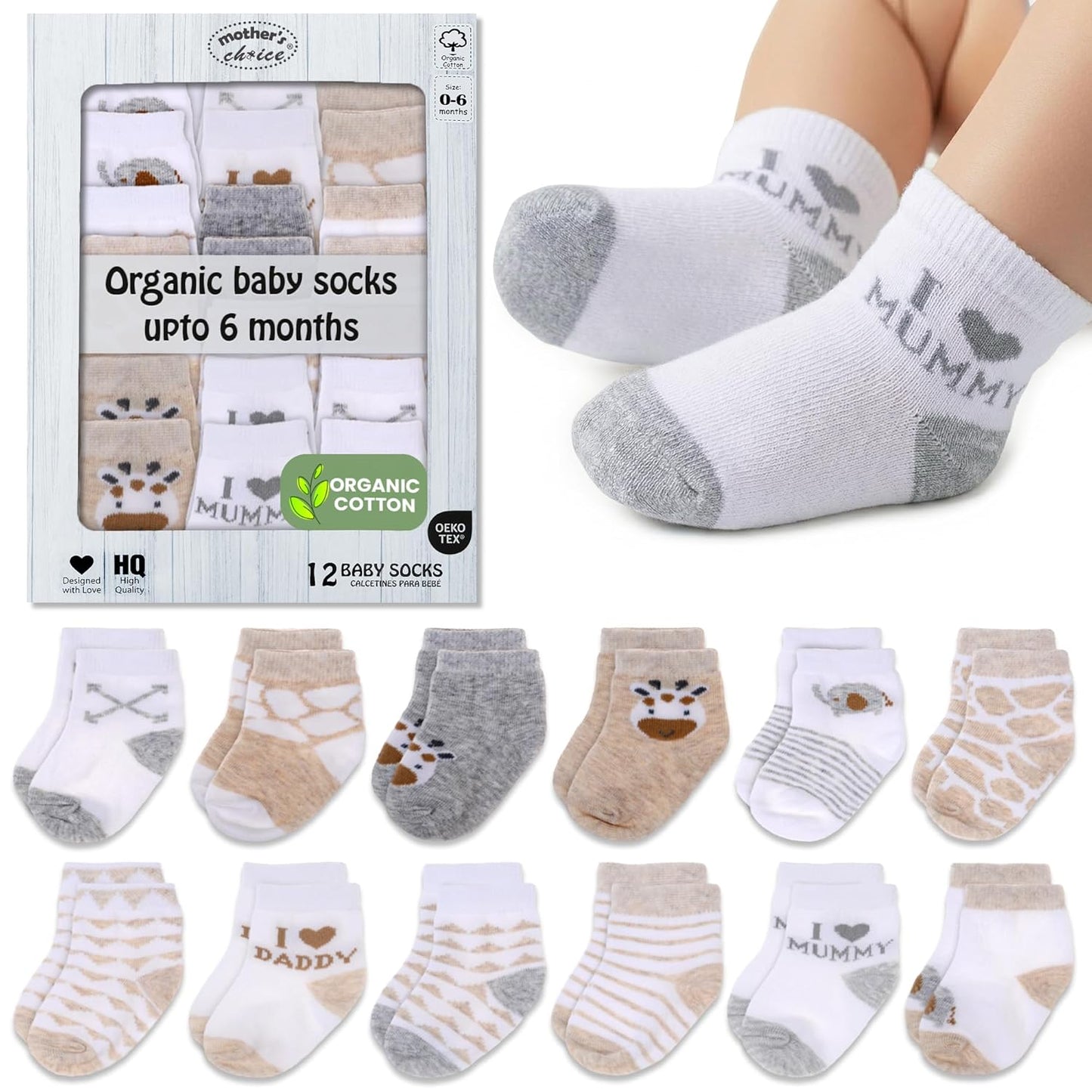 Mother's Choice Organic Cotton Baby Socks Infant 0-6 Months - 12 pairs Soft, Cozy, and Gentle Newborn Socks for Girls & Boys, Perfect Baby Registry for Everyday Wear, and Infant Comfort