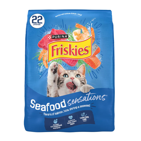 Purina friskies dry cat food seafood sensations with salmon tuna and shrimp flavors 22 lb bag