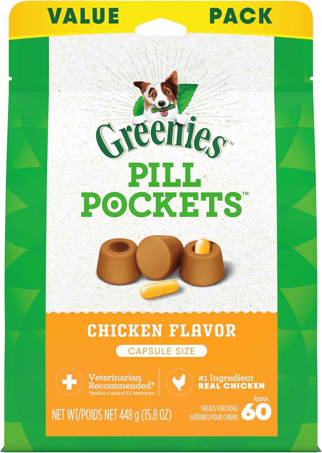 Greenies Pill Pockets for Dogs Large Size, Soft Dog Treats, Chicken Flavor, 15.8 oz. Pouch (60 Treats)