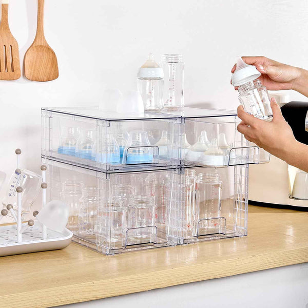 4 Pack Clear Stackable Storage Drawers for Under Sink, Kitchen, and Bathroom Organization