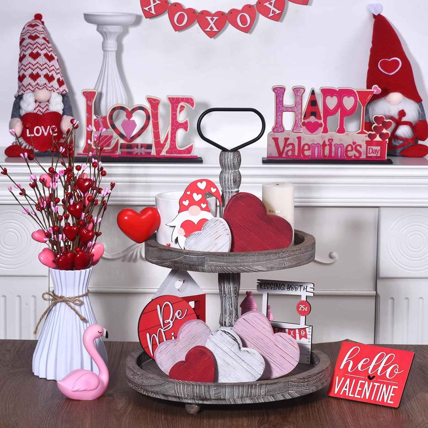 6PCS Valentine's Day Wooden Heart Block Set, Rustic Valentines Day Decorations for Tiered Tray Decor, Candy Heart Valentines Table Decor, Wooden Hearts Decor for Valentine's Day Centerpiece (6PCS)