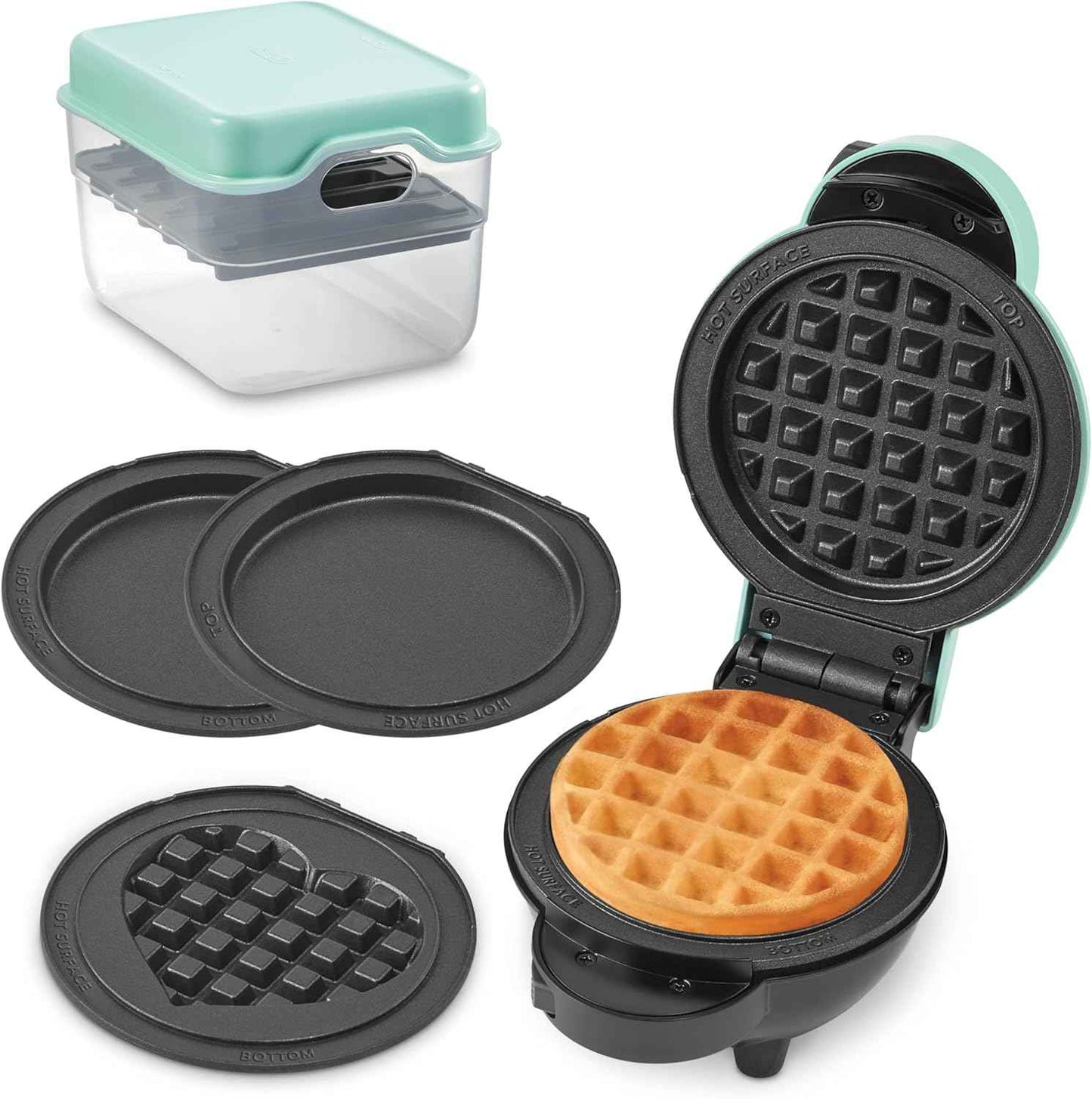 DASH Multimaker Mini System - Waffle Maker with Six 4” Removable Plates & Storage Case: Waffle Iron & Griddle, 4-in-1 Mini Waffle Maker for Kids and Families – Nonstick Surface, Just Add Batter (Aqua)
