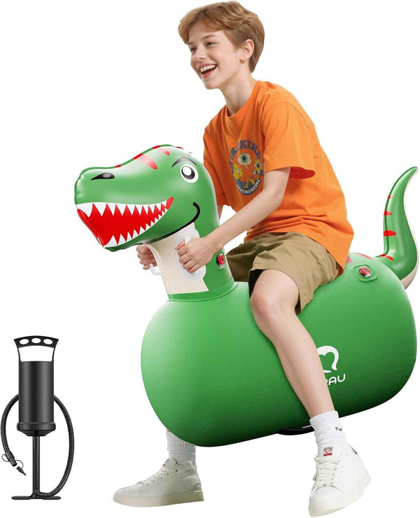 QPAU Inflatable Bouncy Dinosaur Toys 2 PCS with Hand Pump, Heavy Duty Giant Bouncy Pal, 220lbs Load Capacity, Ride On Bouncy Animal Hopper Toy, Indoor Outdoor Bouncers for Kids Girls Boys Ages 5+