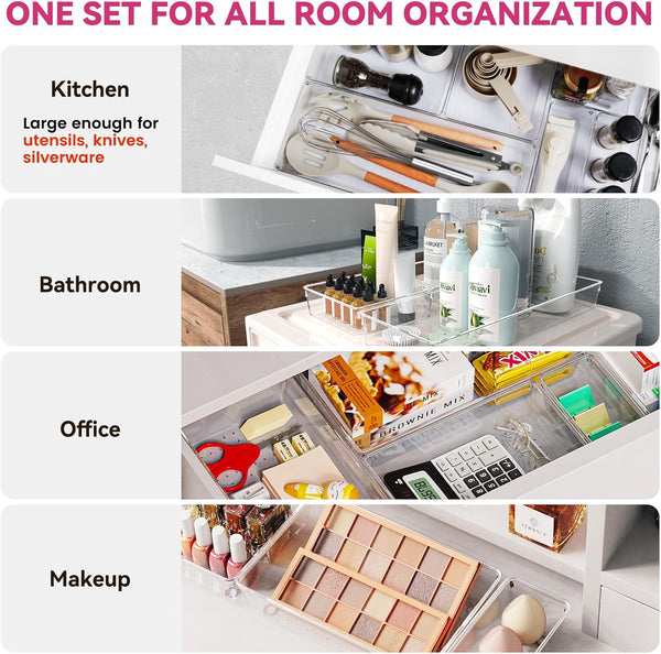 Large drawer organizer bins for kitchen, bathroom, and office use