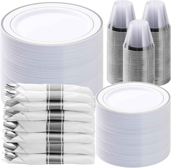 BESTVIP 700PCS Gold Plastic Dinnerware Set for 100 Guests, Disposable Plates for Party, Include: 200 Plastic Plates, 100 Pre Rolled Napkins with Gold Silverware, 100 Cups for Christmas, Halloween