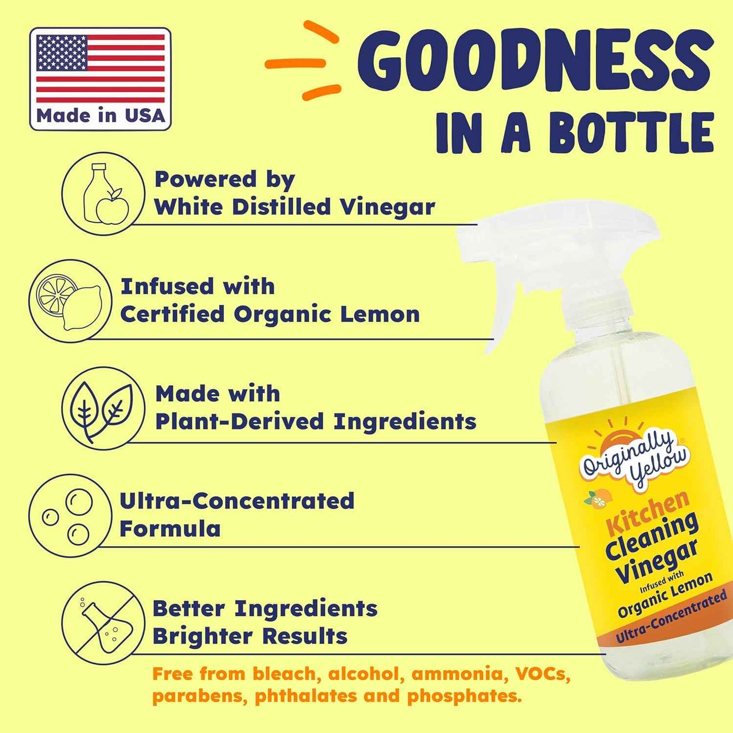 Originally Yellow Plant-Based Kitchen Cleaner | Powered by Natural Vinegar & Infused with Organic Lemon | Multipurpose Kitchen Counter Cleaner Works on Tile, Wood, Granite, & Marble, 16 Fl Oz (3-Pack)