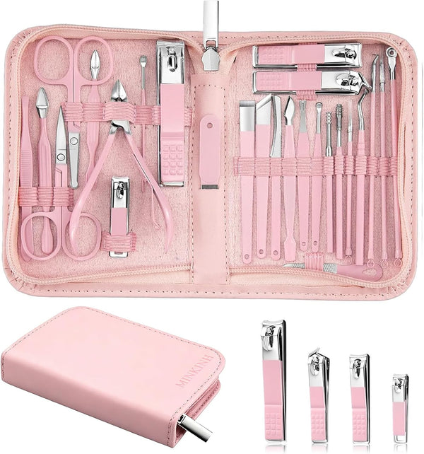 MINKINH Manicure Set Professional Nail Clipper Kit-26 Pieces Stainless Steel Manicure Kit,Nail Care Tools with Luxurious Travel Case (Brown)