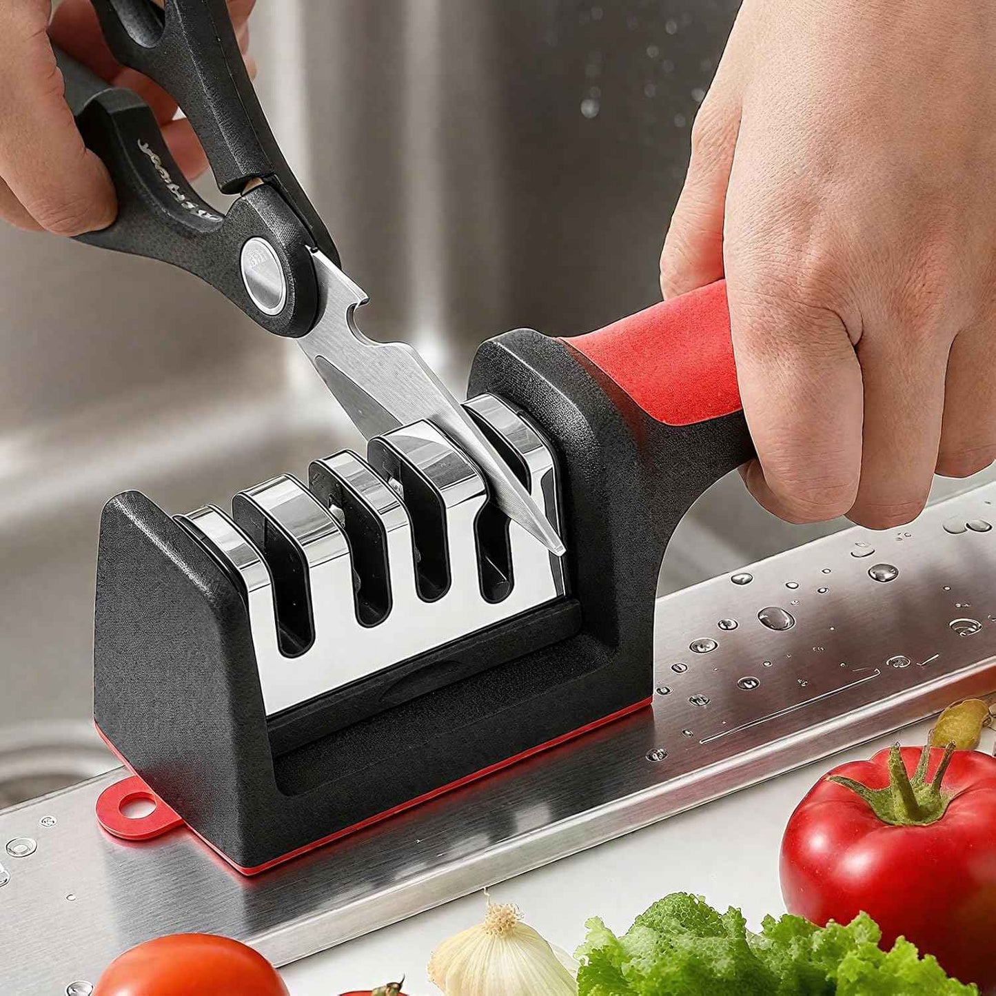 4-in-1 Kitchen Knife Sharpener, Professional Grade with Tungsten Steel and Ceramic Slots, Scissor Sharpening, Black/Red