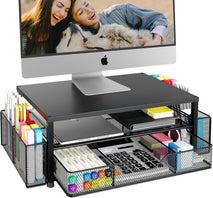2-Tier Computer Monitor Stand Riser with Drawer and Pen Holders for Office Supplies