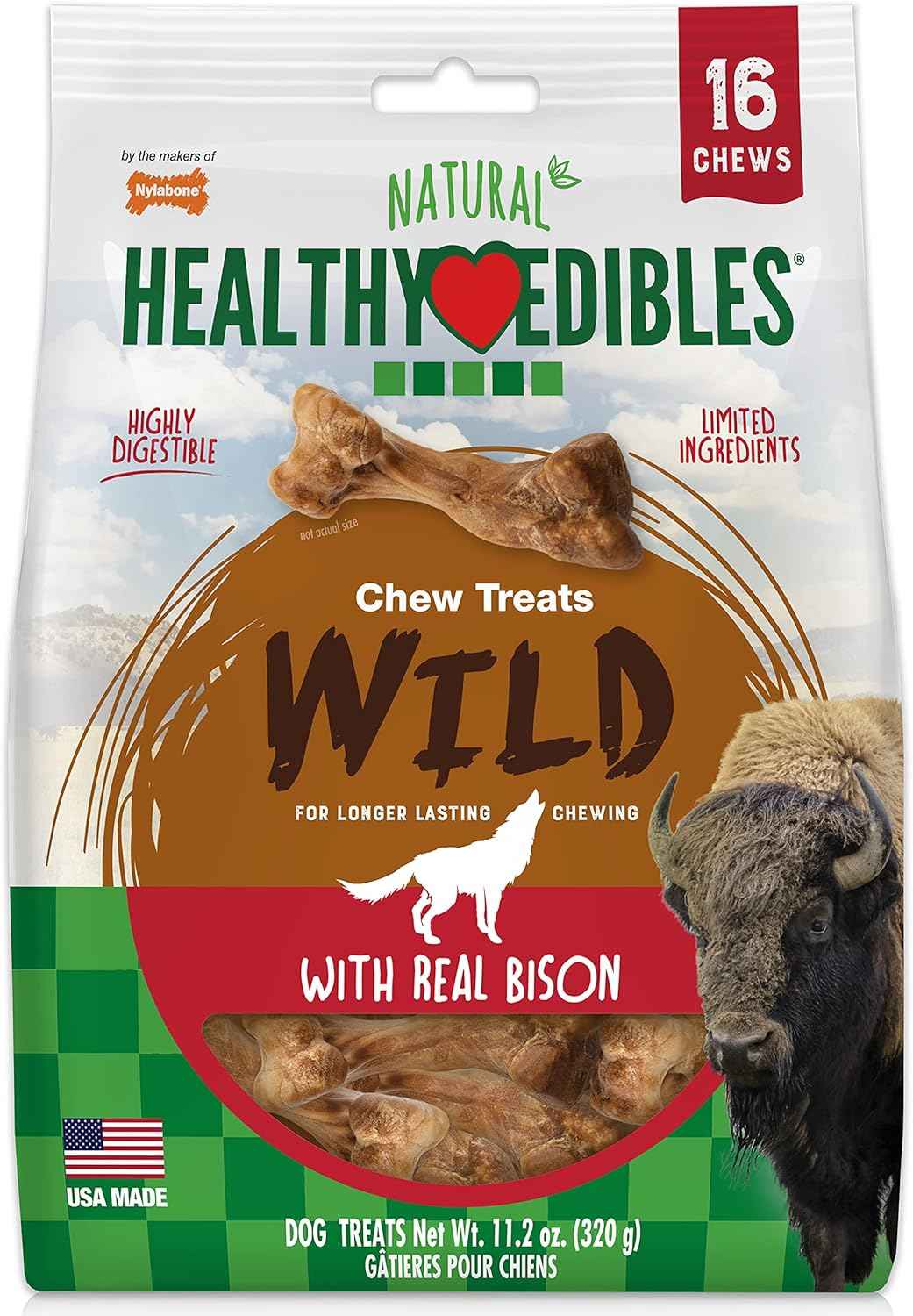Nylabone Healthy Edibles WILD Natural Longer-Lasting Bison Flavor Bone Chew Treats for Dogs, Medium - Up to 35 lbs (2 Count)