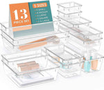 16 PCS Drawer Organizer Set, 5 Varied Size Bathroom and kitchen Drawer cabinet organizer Trays, Clear Storage Bins for Makeup, Jewelry, Utensils and Gadgets