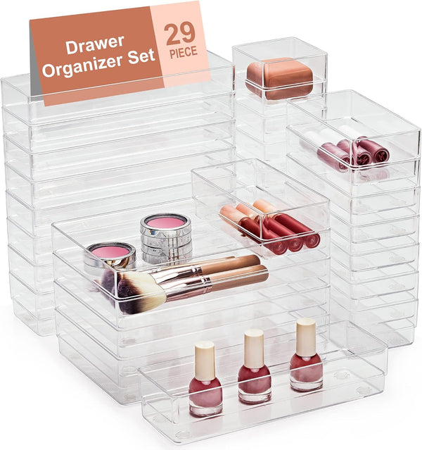 22-piece drawer organizer set with non-slip silicone pads and clear desk trays