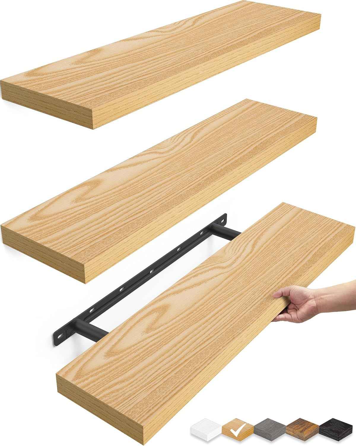 BAYKA Floating Shelves for Wall, Wall Mounted Rustic Wood Shelves for Bathroom, Bedroom, Living Room, Kitchen, Hanging Shelf for Books/Storage/Room Decor with 22lbs Capacity (Black, Set of 3, 15.7in)