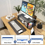 2-Tier Computer Monitor Stand Riser with Drawer and Pen Holders for Office Supplies