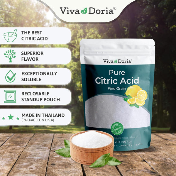 Viva Doria 100% Pure Citric Acid, Food Grade, Fine Grain, 2 lb (907 g) for Culinary and Beverage Applications