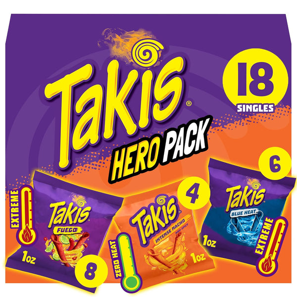 Takis 18 pc / 1 oz Variety Pack, Assorted Flavored Rolled Corn Tortilla Chips