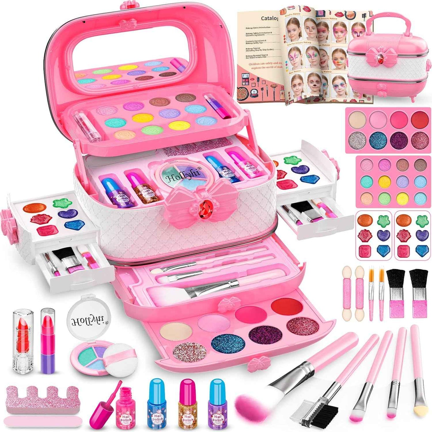 Hollyhi 58 Pcs Kids Makeup Kit for Girl, Princess Toys Real Washable Cosmetic Set with Mirror, Kids Makeup Sets for Girls, Play Make Up Birthday Gifts for 3 4 5 6 7 8 9 10 11 12 Years Old Kid (Rose)