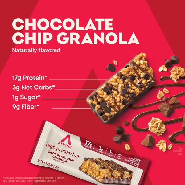 Atkins Chocolate Chip Granola Protein Bar, 12 Count, High Fiber, Low Sugar, 17g Protein