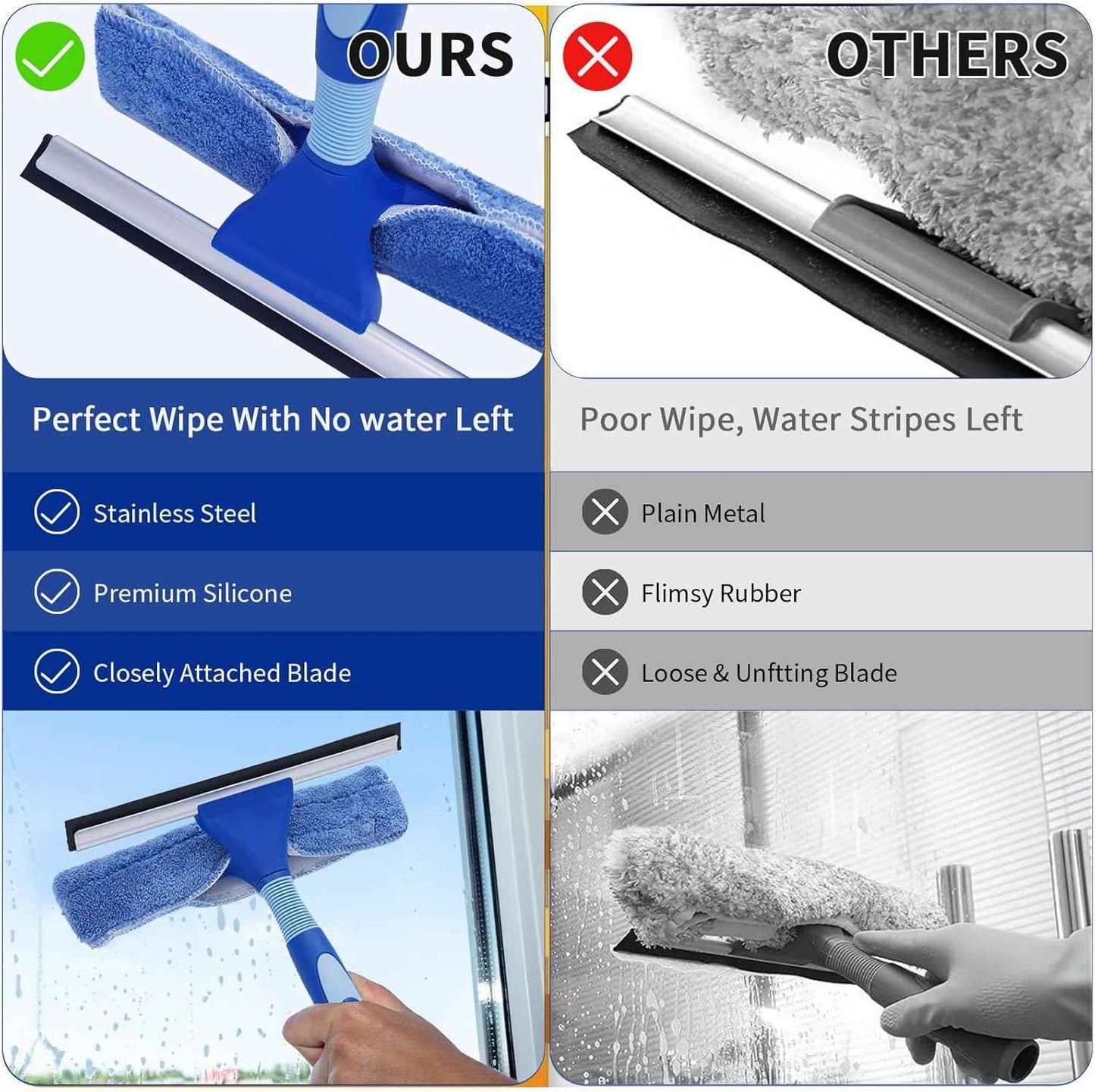 LOMIDA Professional Window Squeegee Kit - 62" Lightweight Aluminum Pole, 2 in 1 Rotatable Window Cleaning Tool Kit with Extension Pole Cleaning with Bendable Head for Car/Shower/High Windows