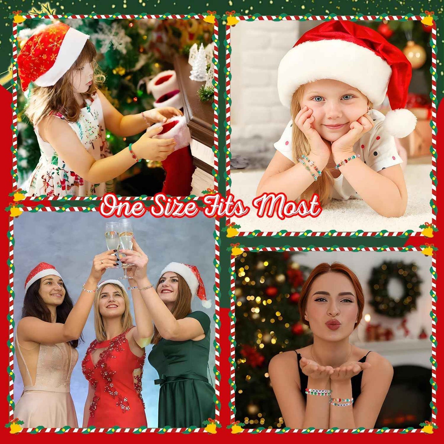 CUBACO 12 Pack Christmas Bracelets Jewelry for Women Handmade Candy Beaded Bracelets Letter Stretch Bracelet Bulk White Red Green Friendship Christmas Decorations Holiday Stocking Stuffers Gifts