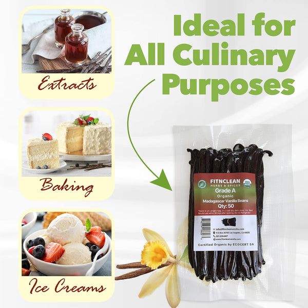 FitNClean Madagascar Vanilla Beans Bulk Fresh Organic Grade A Pods Non-Gmo 5 Long for Baking and Extract