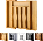 Bamboo kitchen drawer organizer for cutlery and utensils, adjustable and expandable