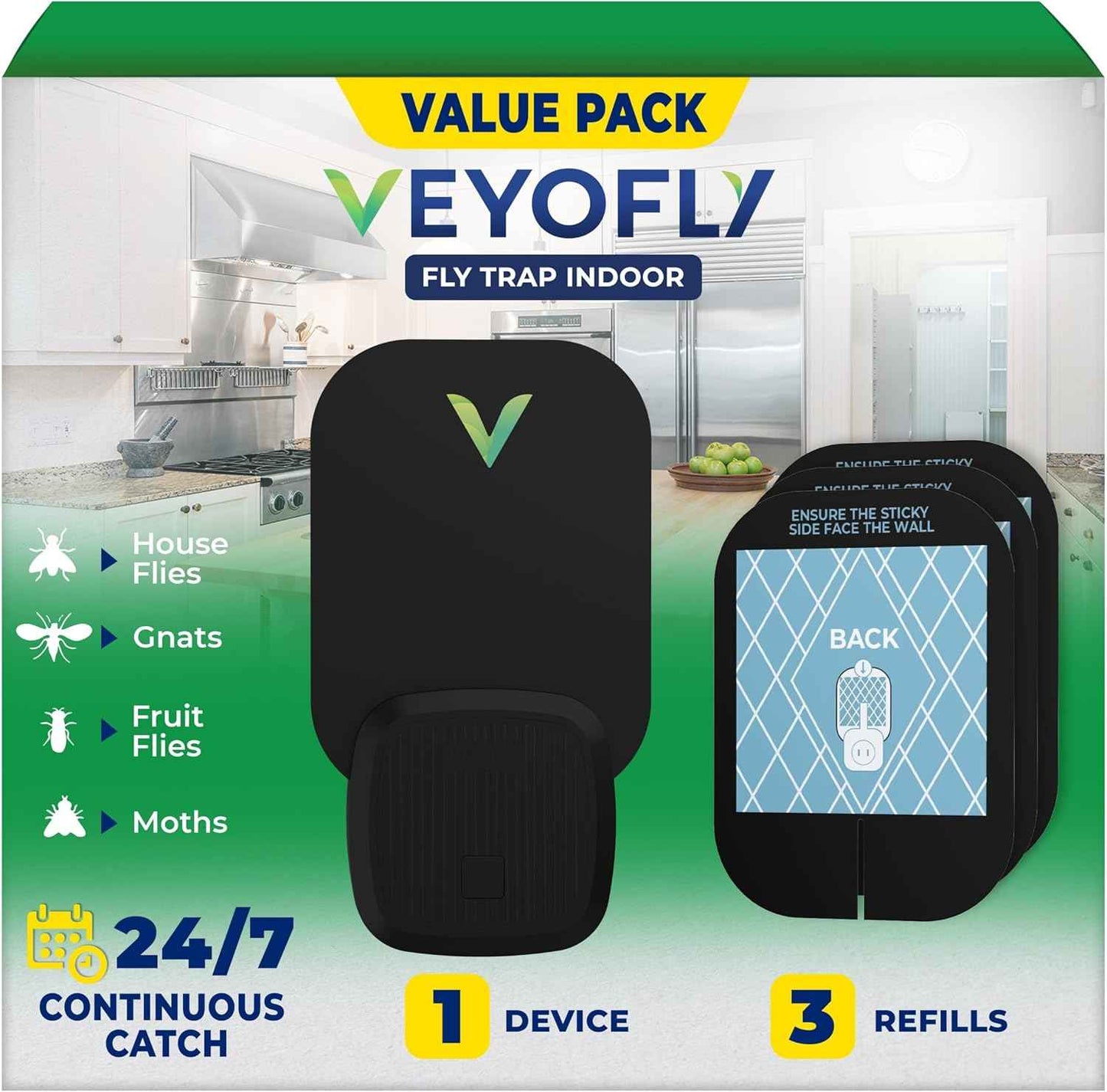 VEYOFLY Fly Trap Indoor, Fruit Fly Traps for Indoors Flying Insect (2 Device + 6 Refills) Gnat Traps for House Indoor, Bug Zapper Indoor, Gnat Killer Catcher & Fruit Fly Killer Light Plug in