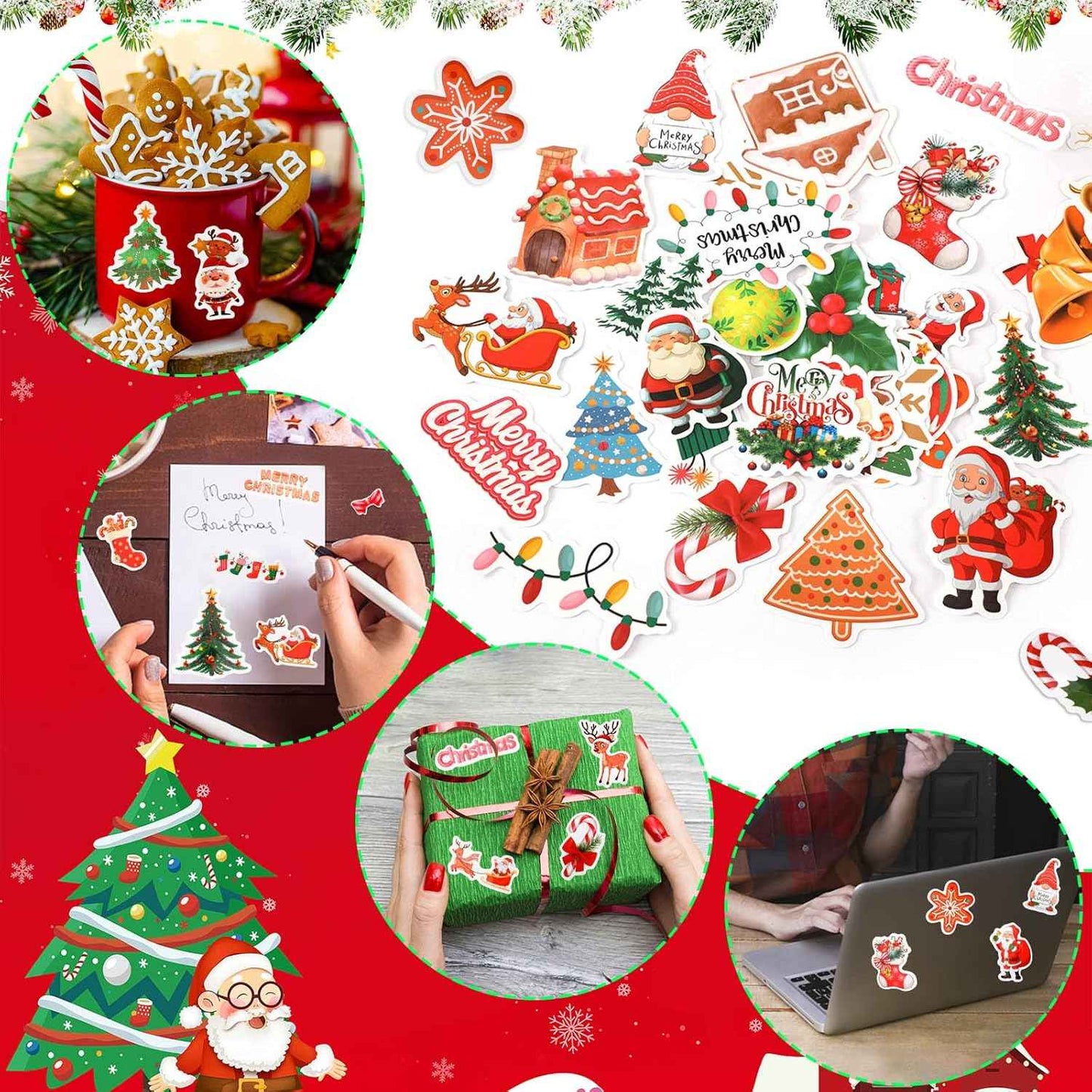 JULBEAR 200PCS Christmas Stickers, Non-Repeating Vinyl Holiday Party Stickers for Water Bottles, Cards, Scrapbooking Crafts Christmas Decorations Party Favors, Christmas Gifts for Kids Teens Adults
