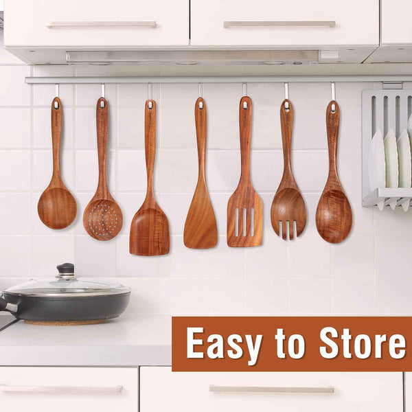 9 Piece Natural Teak Wooden Kitchen Utensil Set with Spoon Rest - Comfort Grip Cooking Spoons and Utensils Holder