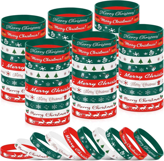 Syhood 200 Pieces Christmas Silicone Bracelets Rubber Wristbands Bulk Merry Christmas Bracelets Gifts for Kids Adult Xmas Party Favors Stocking Stuffers, 10 Style (Red, Dark Green, White)
