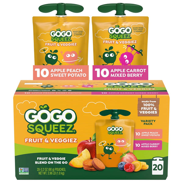 GoGo squeeZ No Sugar Added Fruit & veggieZ Applesauce and Puree Variety Pack, 20 Pouches, 3.2 oz Each