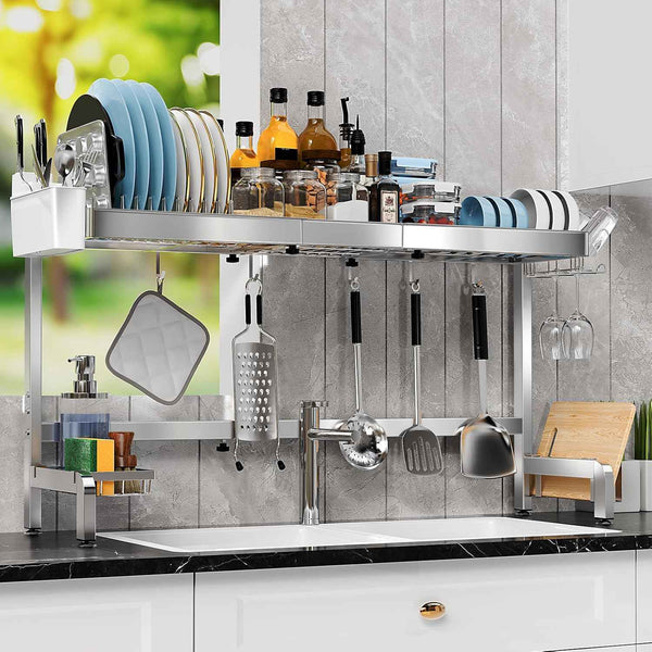 3 Tier Extra Large Over The Sink Dish Drying Rack, Expandable Stainless Steel Dish Drainer with Multifunctional Organizer, Space-Saving Above Sink Dish Rack with Large Capacity for Kitchen Counter