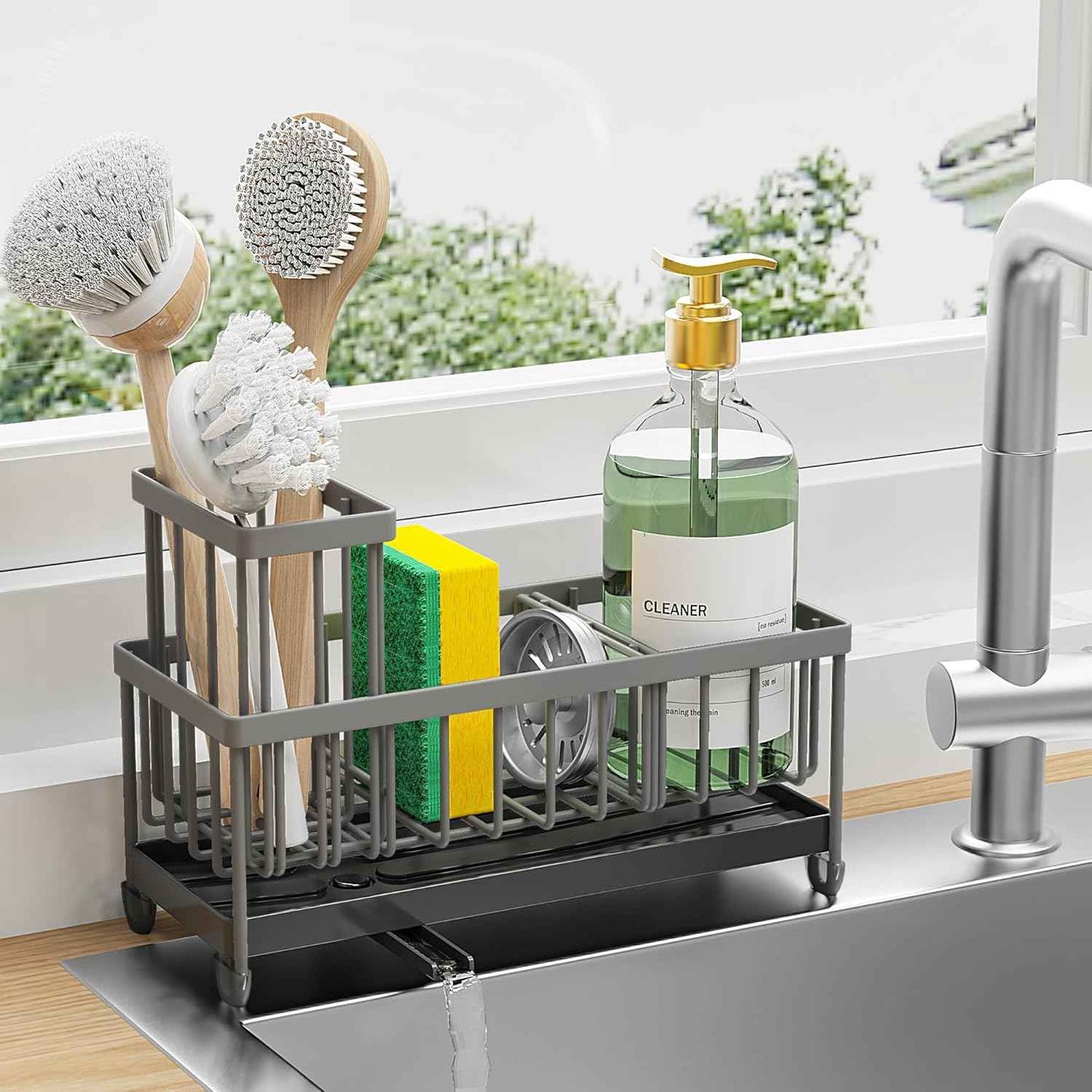 Cisily Silver Sponge Holder for Kitchen Sink, Sink Caddy Organizer with High Brush Holder, Kitchen Countertop Organizers and Storage Essentials, Rustproof 304 Stainless Steel, Soap Dispenser Organize
