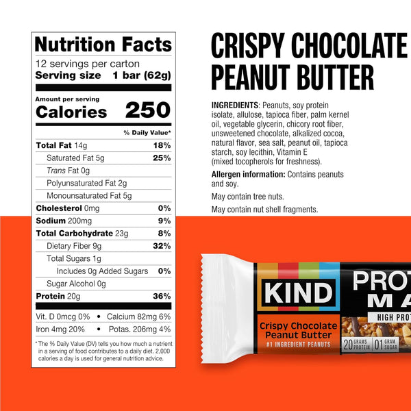 KIND Protein MAX Crispy Chocolate Peanut Butter Snack Bars, 12 Count Box, 20g Protein, Keto Friendly