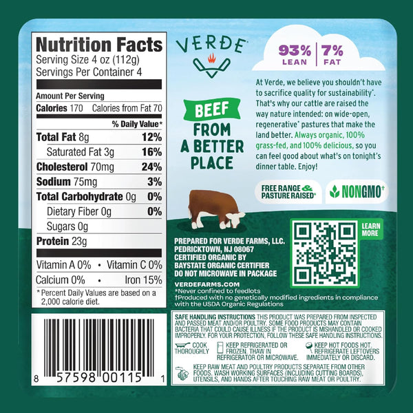 Verde Farms, Ground Beef 93% Lean/7% Fat, Organic, Grass-Fed, 1 lb