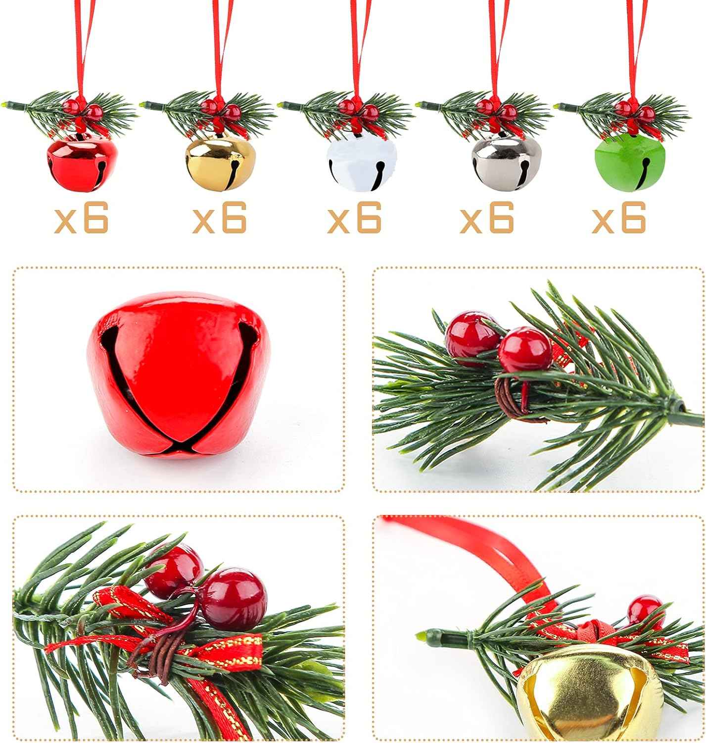 MCPINKY 30PCS Christmas Bells, Jingle Bells with Holly Leaves Berries for Craft, Gift Wrapping Christmas Tree Decor