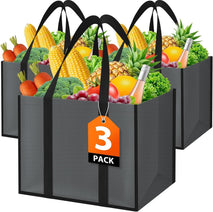 WISELIFE Reusable Grocery Bags with Handles - 3 Pack, 35L Large Shopping Bags for Groceries, Water-Resistant & Foldable Grocery Totes for Lasting Use for Kitchen, Market, Car Trunk, Picnic (Gray)