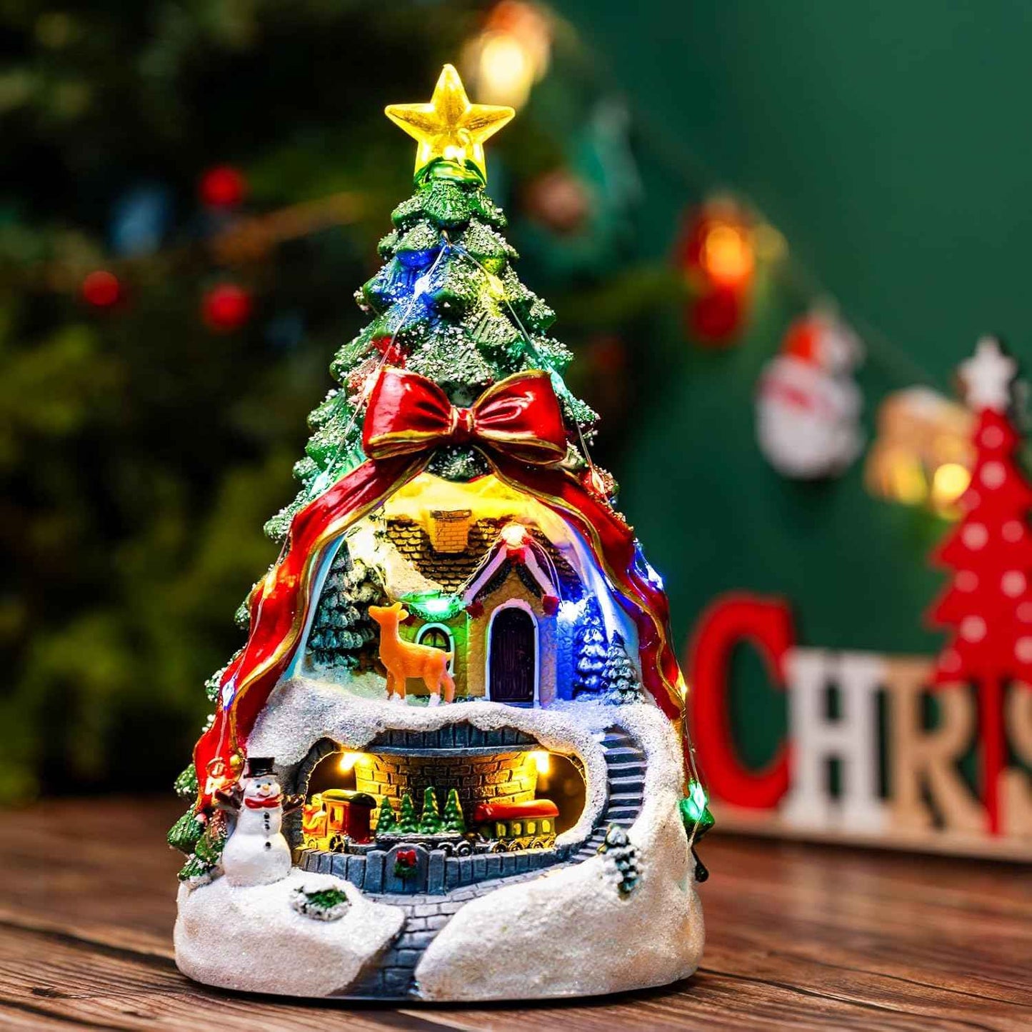 Animated Collection Figurines Musical Christmas Tree Spinning Train Deer Snowman with Rotating Train, Lighted Christmas Collection Figurines for Home Tabletop Decorations Ornaments Gifts